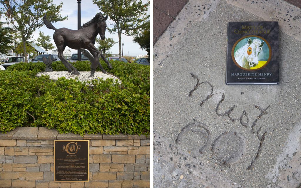 Misty of Chincoteague statue and book next to hoof imprints