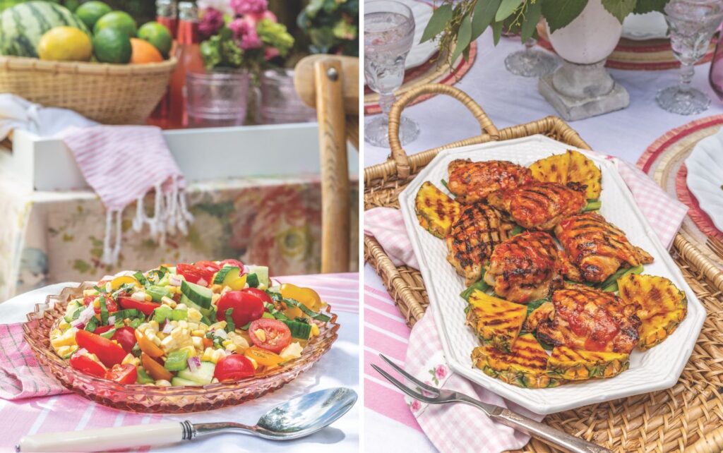 Fresh corn and tomato salad and pineapple chicken thighs