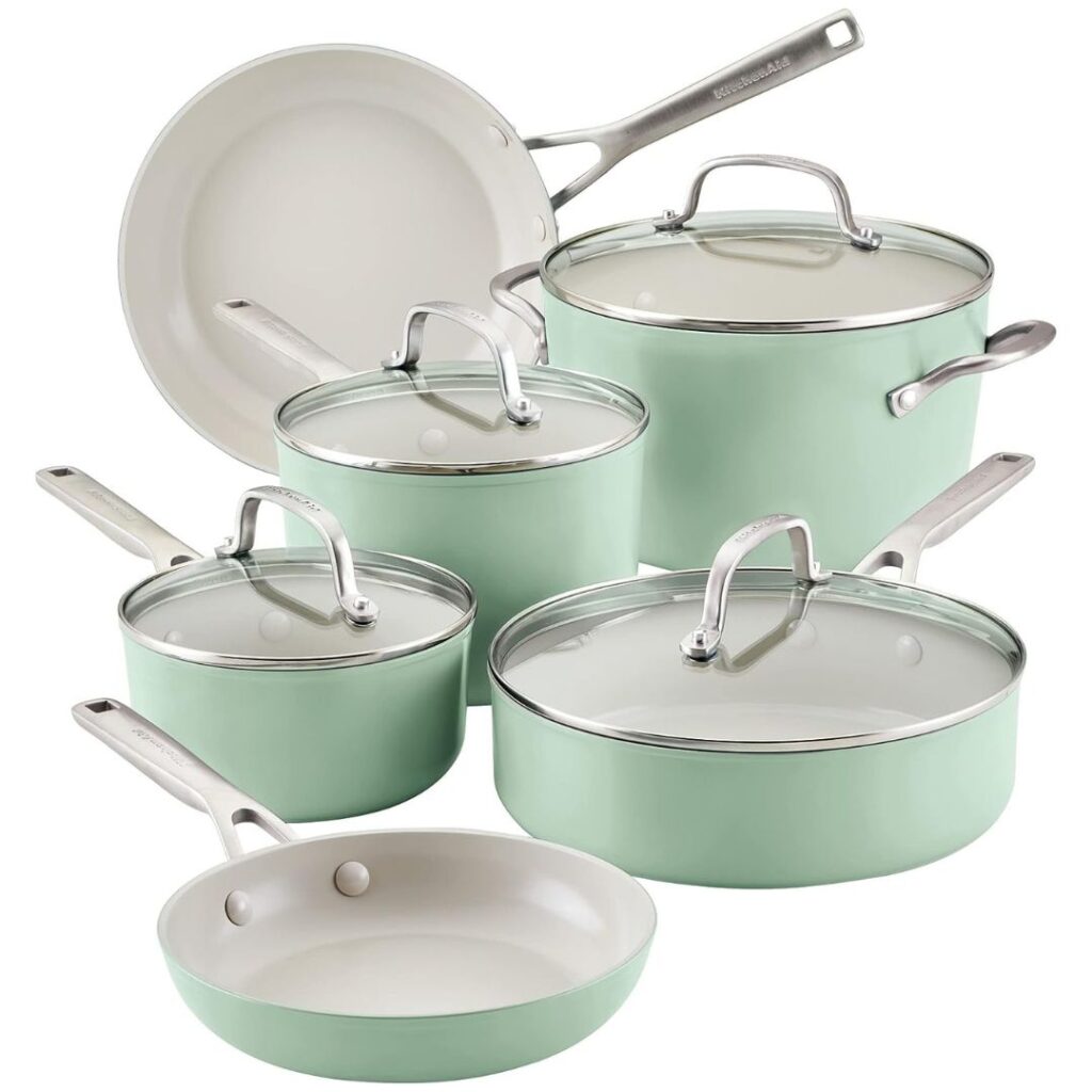 KitchenAid green and white cookware set
