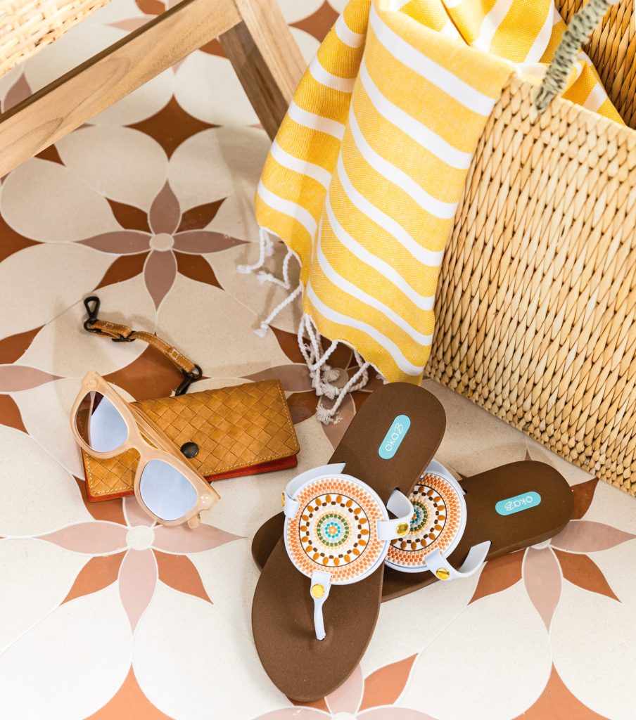 Sandals, sunglasses, a woven bag, and yellow striped towel