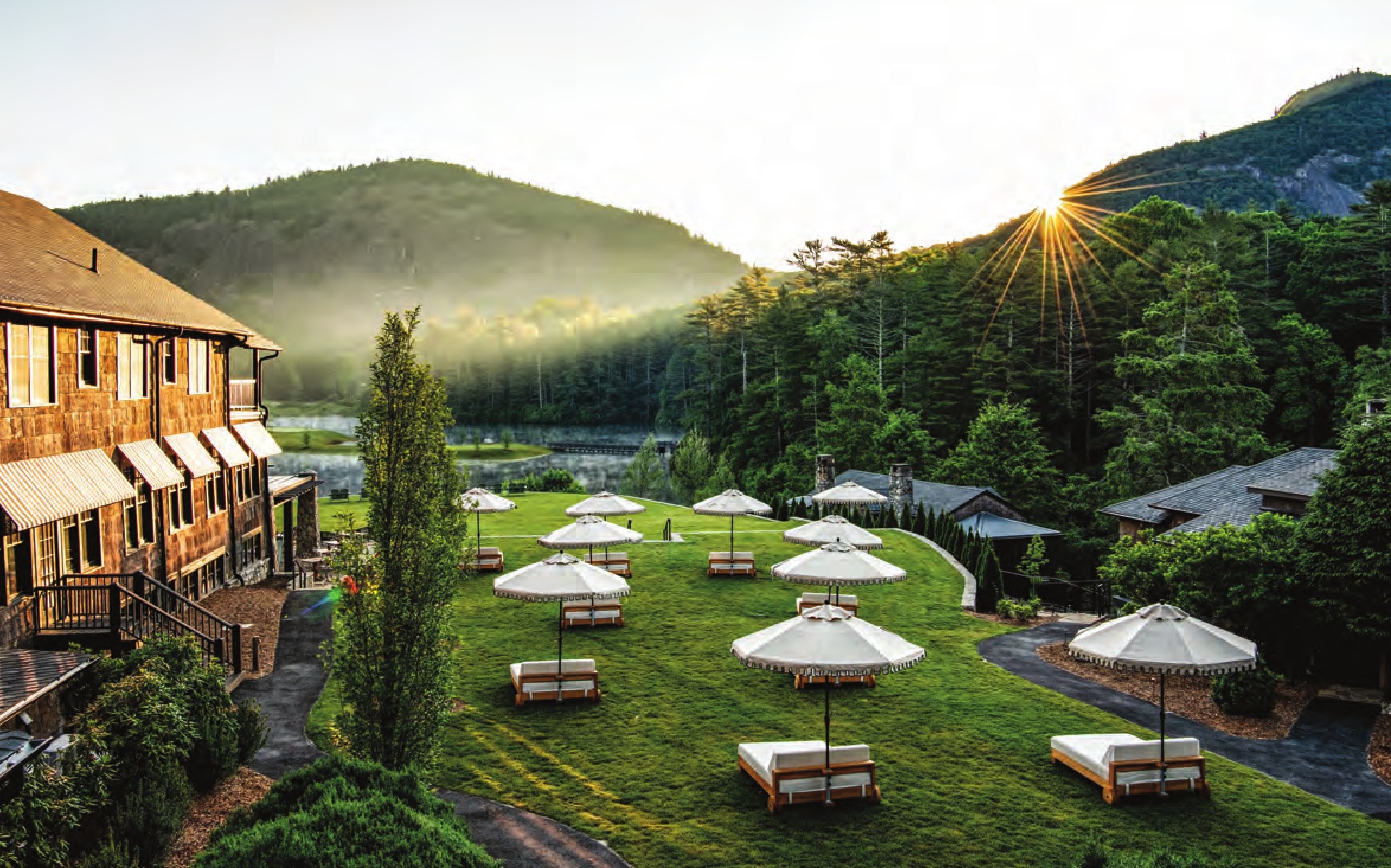 The mountain peaks and misty air serve as the backdrop for luxurious High Hampton Resort in North Carolina.