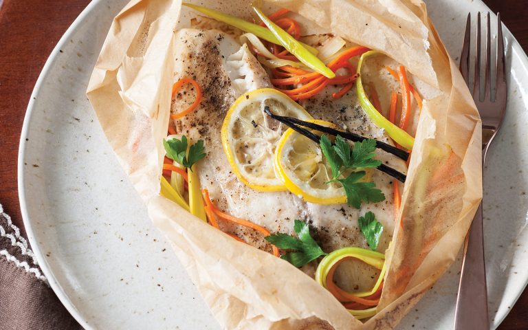 Tilapia with Leek, Carrot, and Vanilla Bean en Papillote