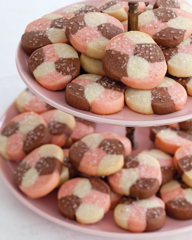 Neapolitan Sugar Cookies on a pink tiered tray