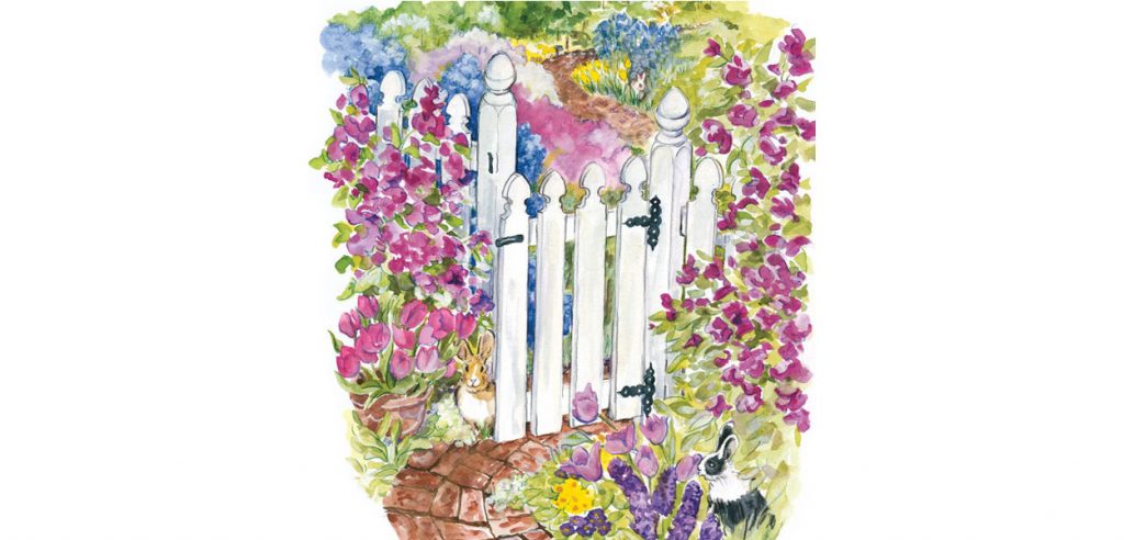 Watercolor illustration of a garden gate