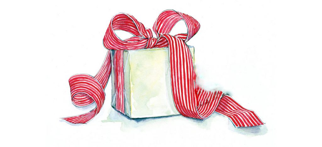 Watercolor illustration of a wrapped gift