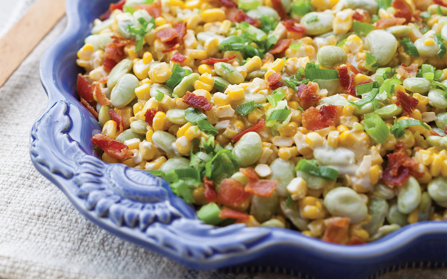 Chilled Succotash Salad in a blue dish
