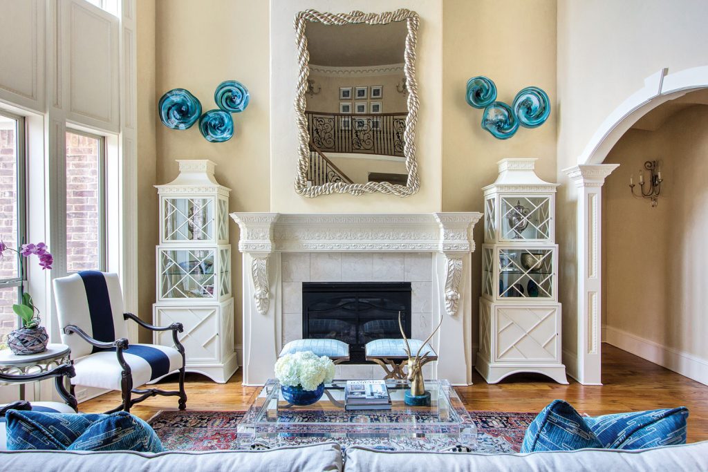 A photo of a living room with blue decor