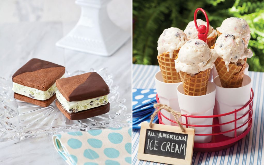 A photo of mint chocolate chip ice cream sandwiches and all-American ice cream cones