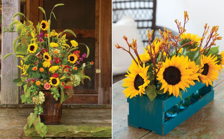 A photo of sunflowers in mason jars and a wooden crate and a fall flower arrangement with sunflowers
