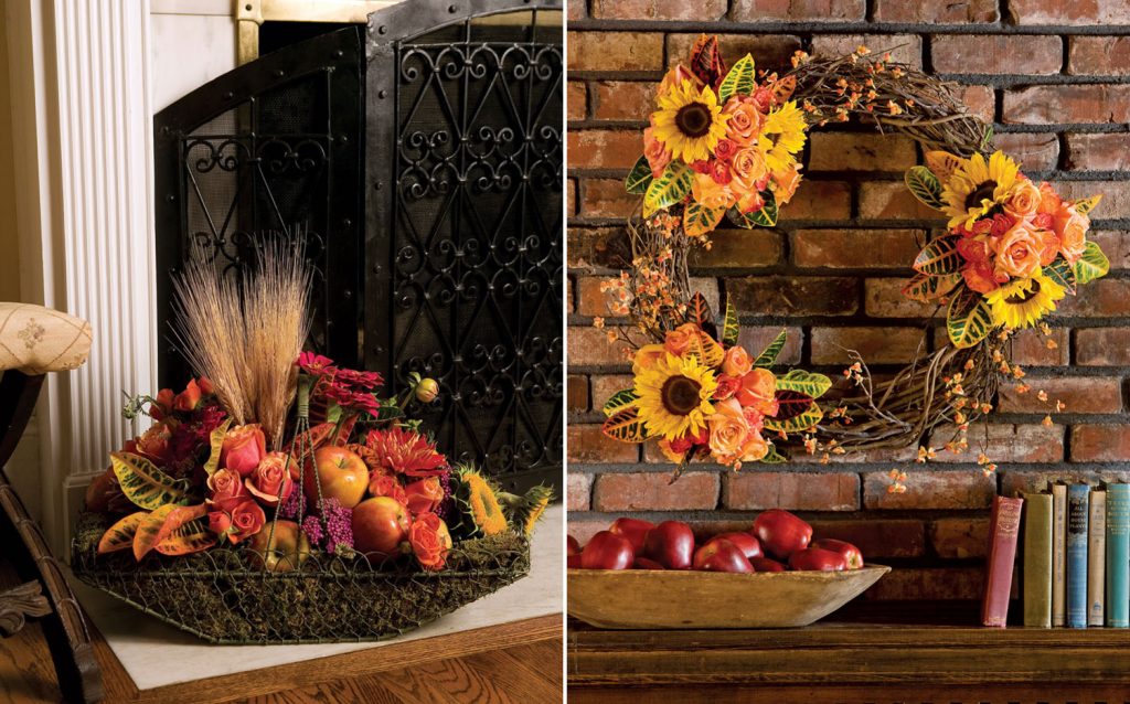 A photo of a grapevine wreath with sunflowers and a fireside basket with sunflowers