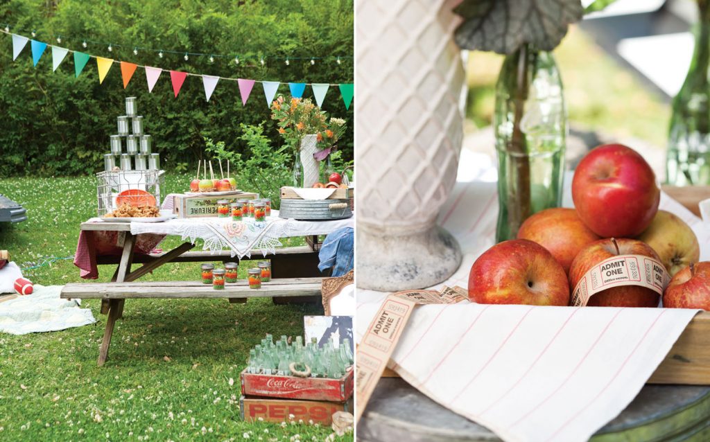 A photo of homemade carnival food in the backyard and a photo of apples