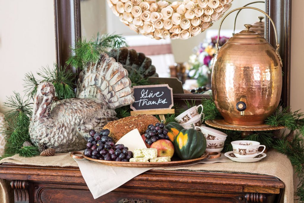 A picture of a buffet set up for a Thanksgiving meal