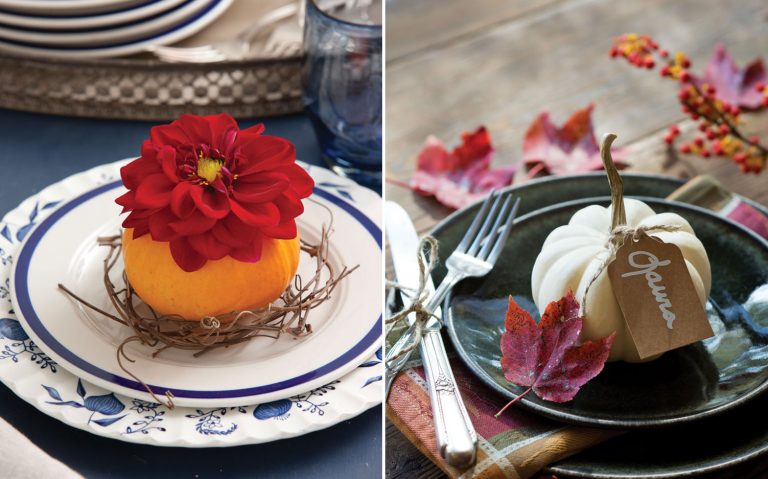 A picture of mini pumpkin table setting arrangements