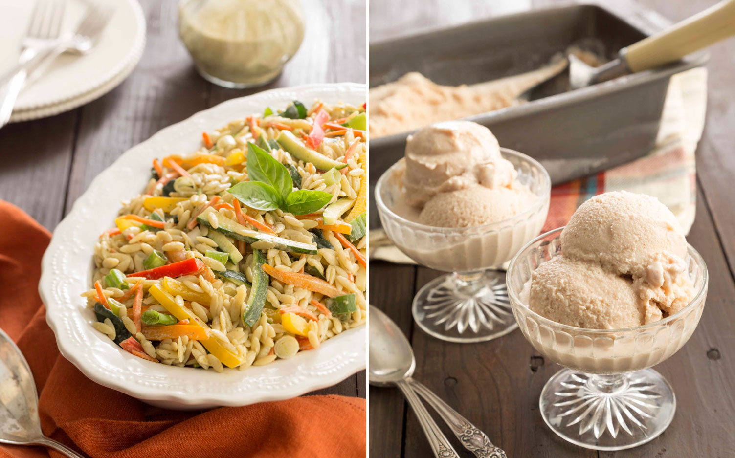 A picture of Orzo and Vegetable Salad with Garlic Basil Cashew Butter and Peanut Butter Ice Cream