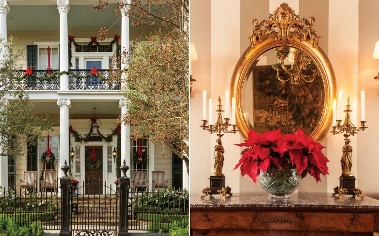 A picture of a New Orleans home decorated for Christmas