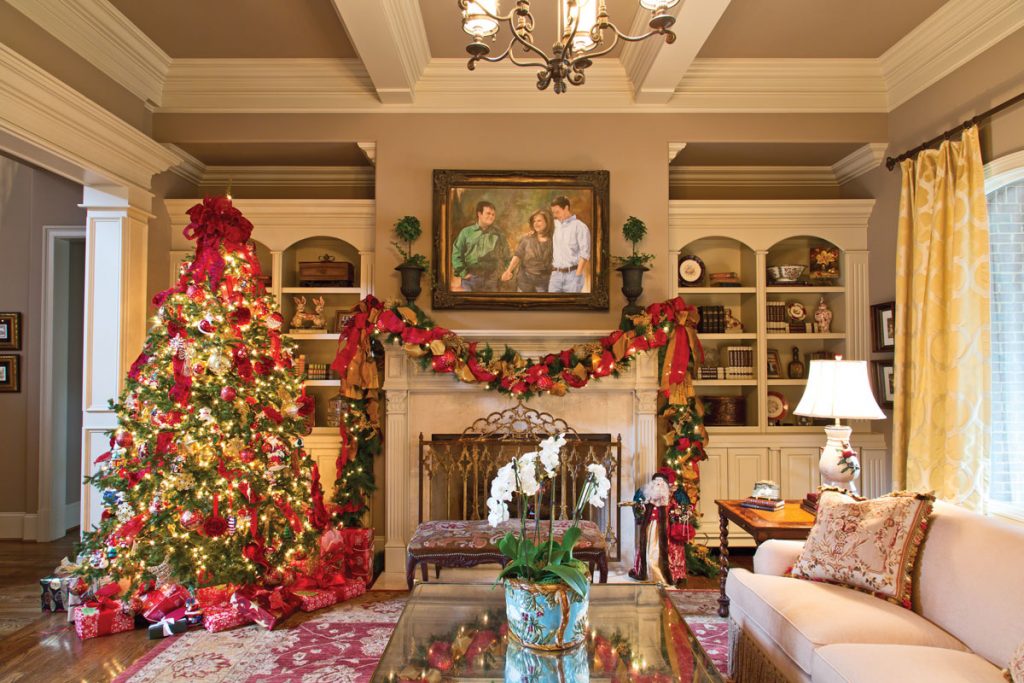 A picture of a living room decorated for Christmas