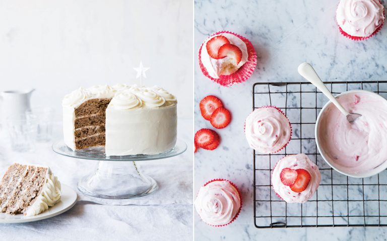 Pictures of cake and cupcakes from Catherine Ruehle's cookbook Let Us All Eat Cake