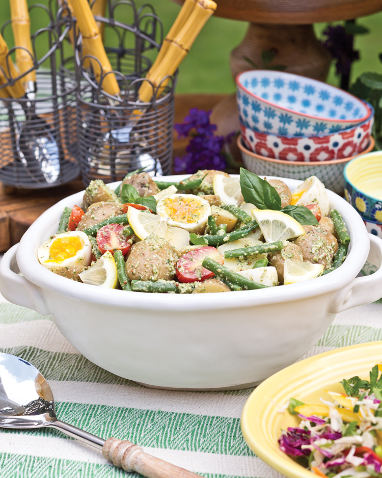 A picture of Pesto Potato Salad with Tomatoes and Haricots Verts for a Father’s Day cookout