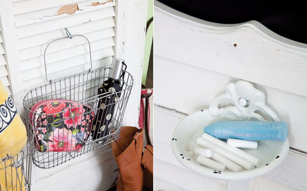 A photo of a basket and soap dish repurposed for hall organization