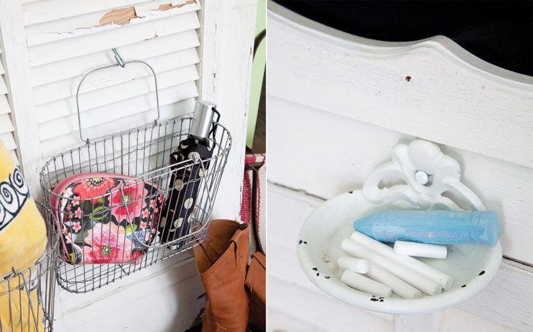 A photo of a basket and soap dish repurposed for hall organization