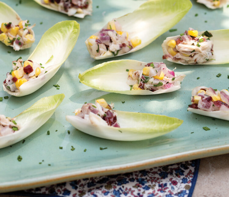 Endive Cups with Corn and Crab Salad at a fall outdoor cocktail party