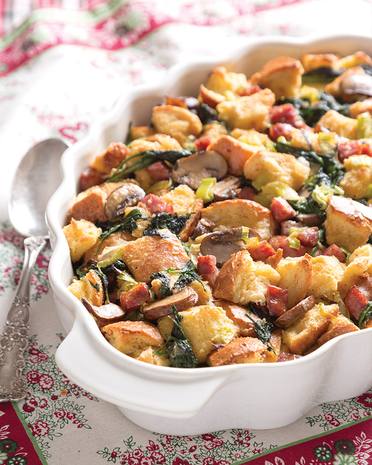 Merriest Morn Menu Breakfast Strata with Sausage, Spinach, and Leeks