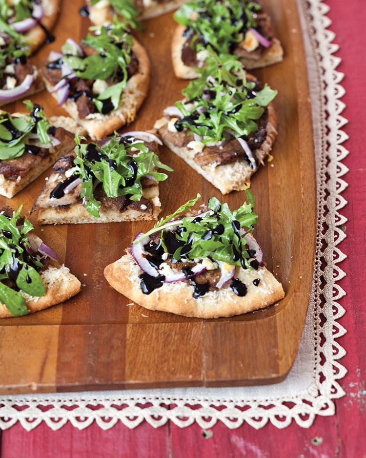 enticing holiday appetizers Balsamic Glazed Duck Flatbreads with Feta and Arugula