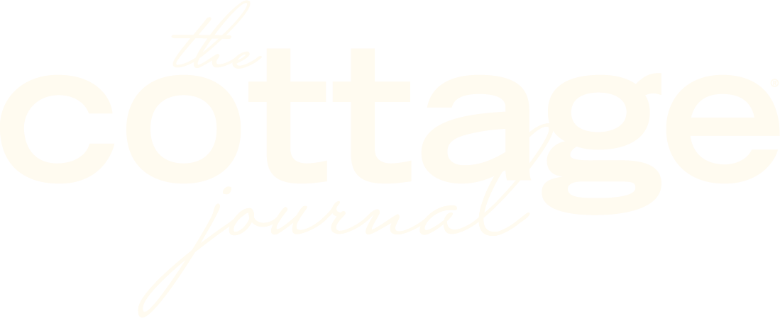 Logo for The Cottage Journal in pale yellow script and bold lettering on white background.