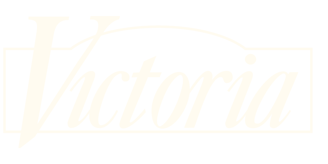 Victoria logo: a pale cream script wordmark across a pale rectangular backdrop on white.