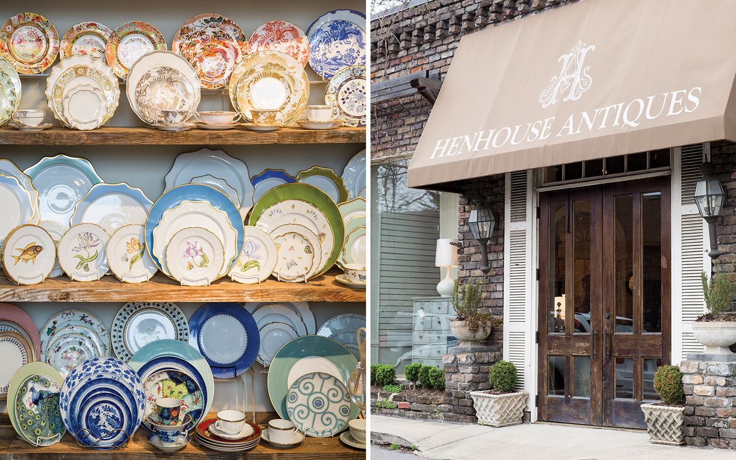 Various chinaware and exterior of Henhouse Antiques