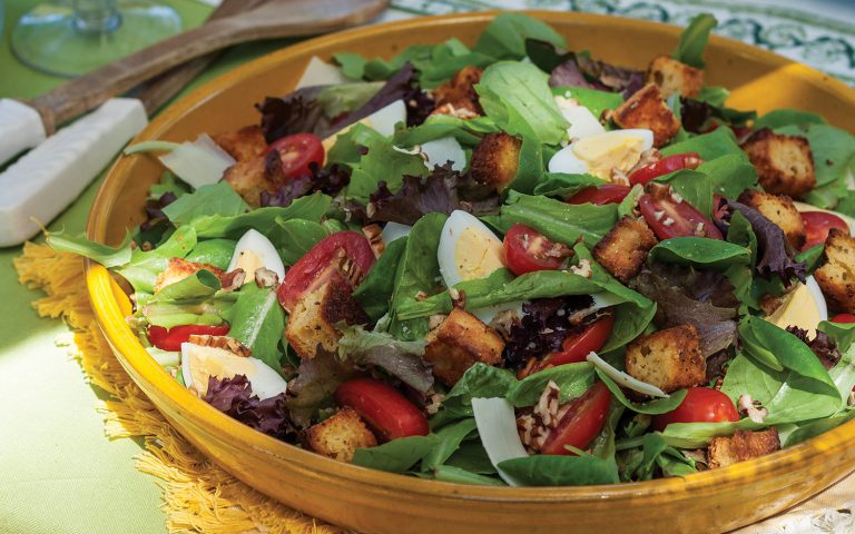 Mixed Green Salad with Deviled Egg Dressing and Southern Cornbread Croutons