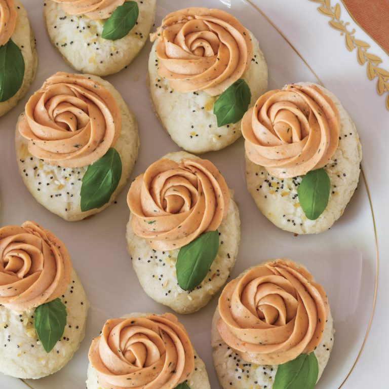 Biscuit Crostini topped with smoked salmon rosettes