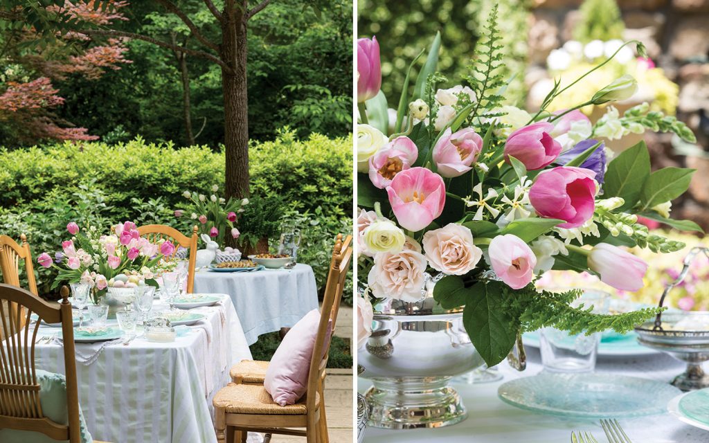 Garden table with pink flowers