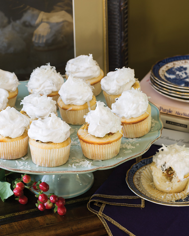 Mini Lane Cakes as cupcakes on a pale-blue cake plate