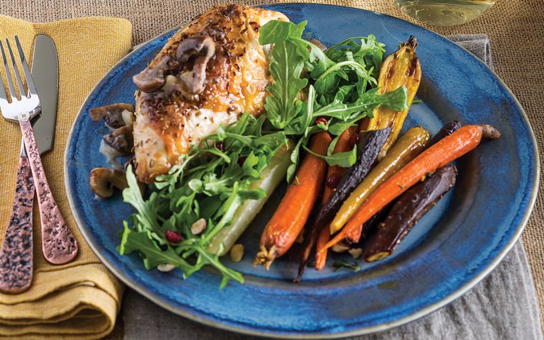 Roast Chicken with Mushrooms and Rainbow Carrots