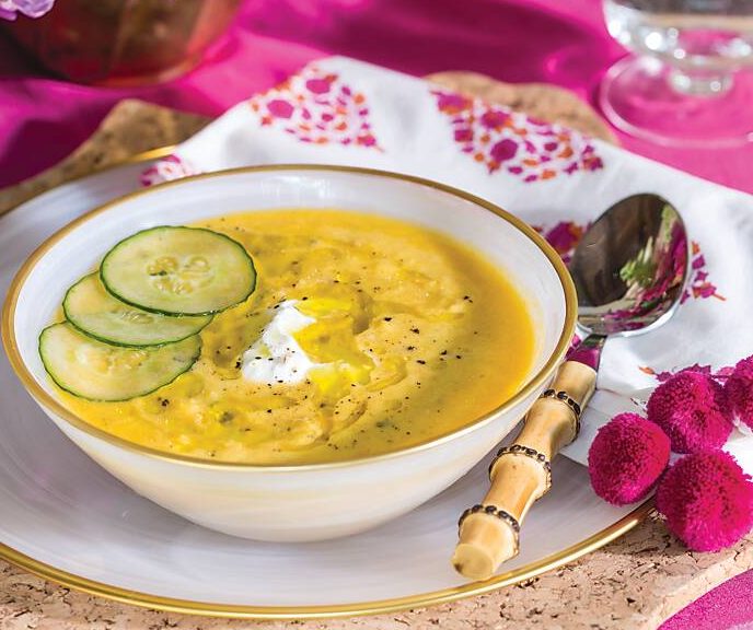 Yellow Tomato Gazpacho in a white bowl