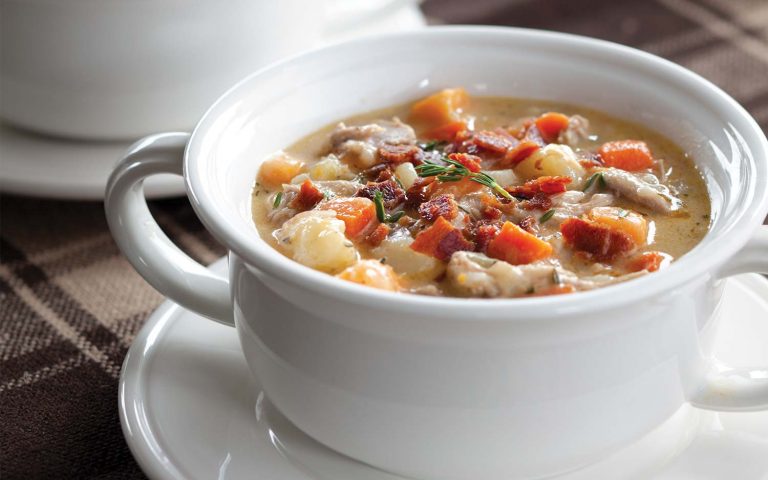 Autumn Chowder in a white bowl