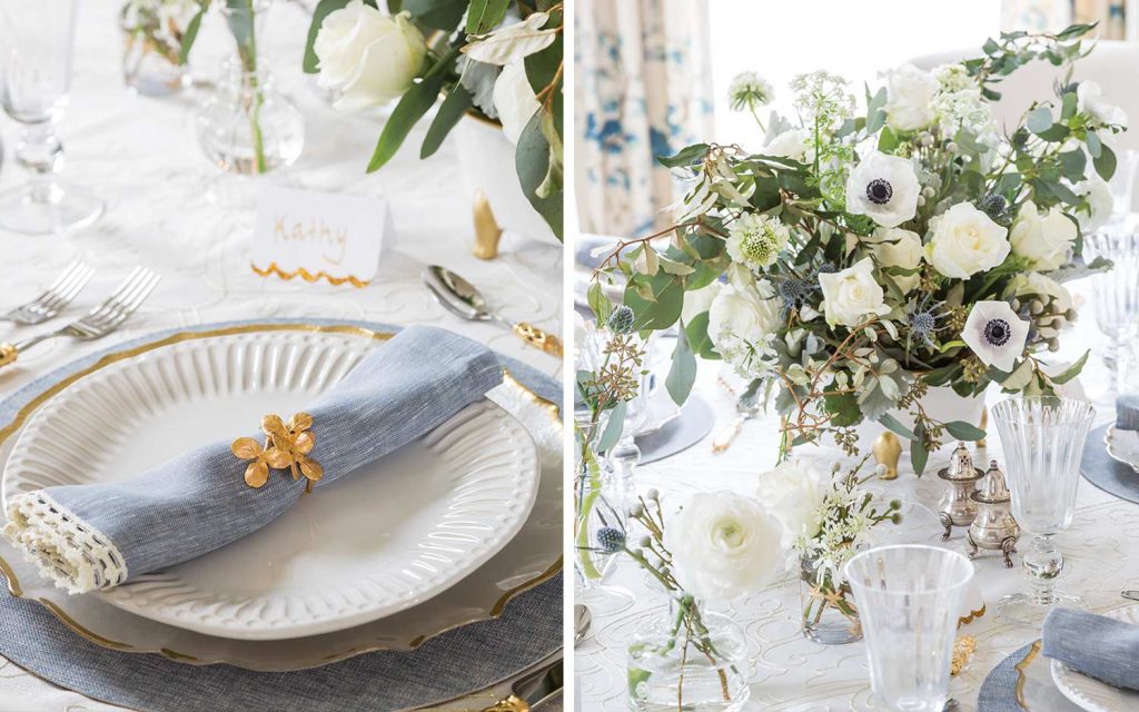 A blue-and-white tablescape with winter-white florals