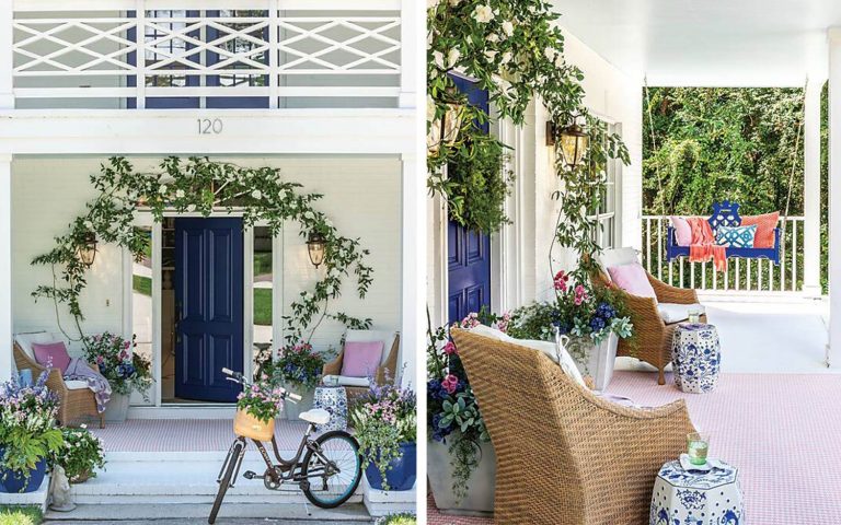 Side by side of coastal home with blue door