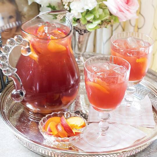 Pitcher and 2 glasses of Peach-Infused Sweet Tea