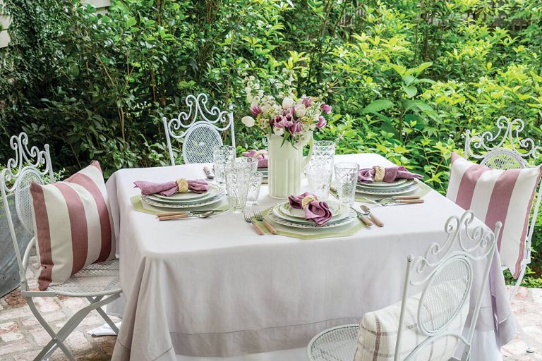 Porch tablescape with green and purple accents