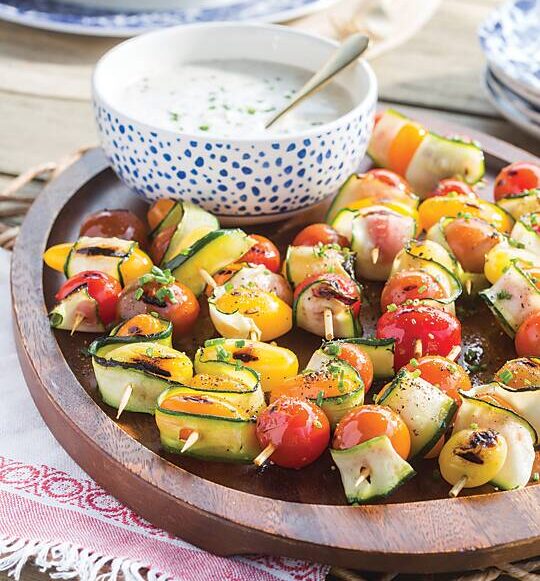 Grilled Tomato-Zucchini Skewers with blue cheese dressing