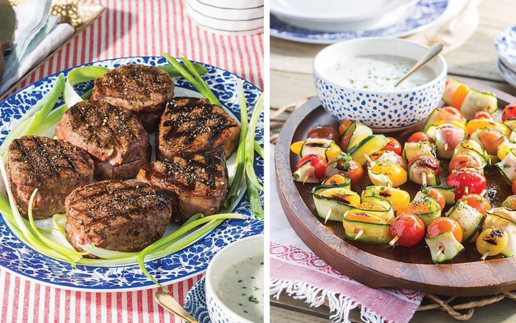 Steaks and veggie kabobs