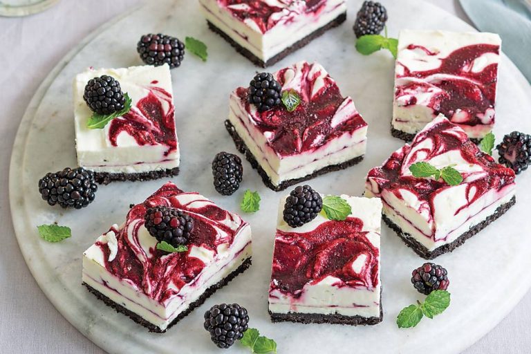 White Chocolate Cheesecake Bars with Blackberry Swirl