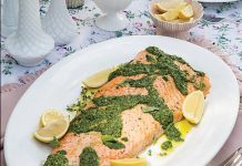 Roasted Salmon with Pesto Roasted Salmon with Pesto on a white platter