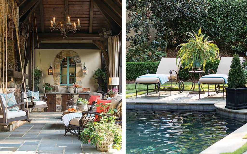 A cabana and wet bar next to lounge chairs by the pool