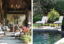 3 Picturesque Southern Pools A cabana and wet bar next to lounge chairs by the pool