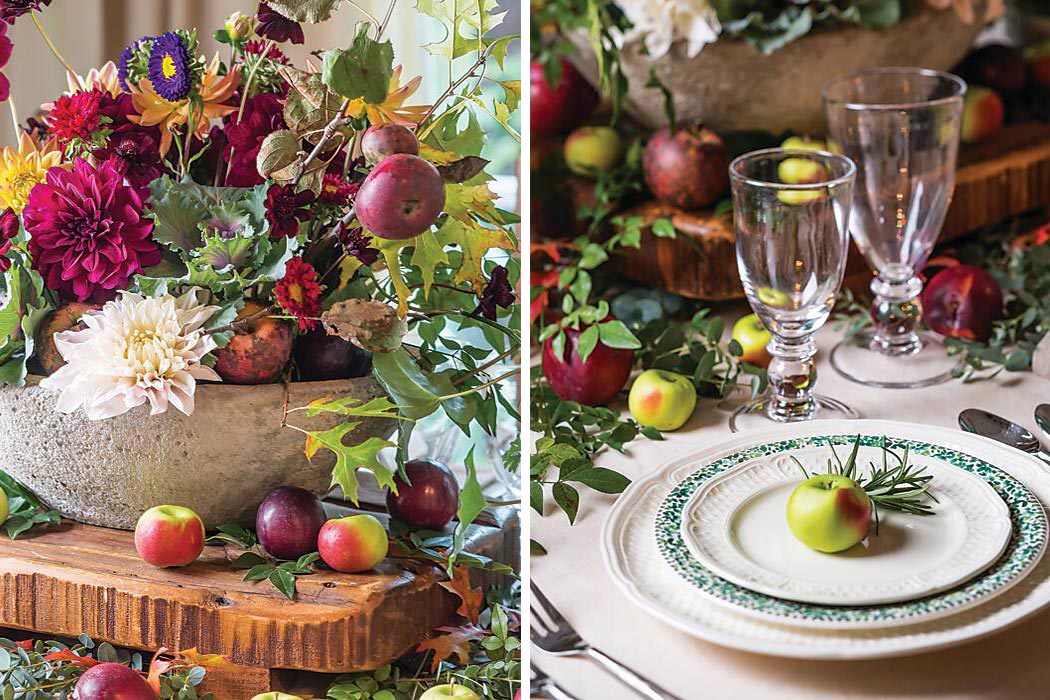 Splendid Supper flower arrangement and apple place setting topper