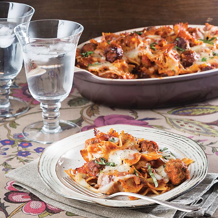 7 One-Dish Wonders: Meatball and Bowtie Pasta Casserole served on a plate