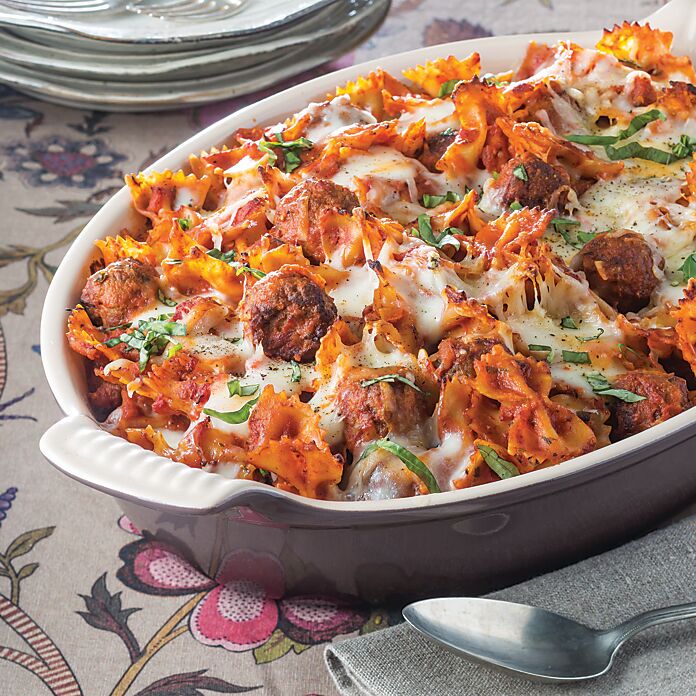 One-Dish Wonders Meatball and Bowtie Pasta Casserole